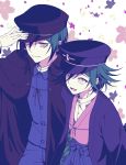  2boys :d alternate_costume bangs black_headwear black_jacket commentary_request danganronpa_(series) danganronpa_v3:_killing_harmony ewa_(seraphhuiyu) floral_background floral_print green_hair hair_between_eyes hakama hand_on_headwear hand_up happy hat highres jacket japanese_clothes looking_at_another male_focus multiple_boys open_mouth ouma_kokichi pleated_skirt saihara_shuuichi shirt short_hair skirt smile tagme white_shirt 