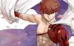  1boy emiya_shirou fate/grand_order fate_(series) highres igote limited/zero_over looking_at_viewer male_focus outstretched_arm petals red_hair sengo_muramasa_(fate) shiraishi_(siraisi00) shirtless solo toned toned_male upper_body wristband yellow_eyes 