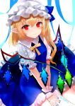  1girl alternate_color alternate_neckwear between_legs blonde_hair blue_nails blue_ribbon blue_skirt blue_vest commentary_request eyebrows_visible_through_hair fingernails flandre_scarlet hair_between_eyes hand_between_legs hat hat_ribbon light_blush looking_at_viewer mob_cap nail_polish one_side_up own_hands_together partial_commentary petticoat pointy_ears puffy_short_sleeves puffy_sleeves red_eyes ribbon sakizaki_saki-p shiny shiny_hair shirt short_hair short_sleeves simple_background sitting skirt smile solo touhou twitter_username vest wariza white_background white_headwear white_shirt wings wrist_cuffs yellow_neckwear yellow_ribbon 