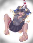  1girl animal_ears arms_up bare_legs barefoot black_hair black_horns blonde_hair bound bound_wrists breasts broken_horn crown crying crying_with_eyes_open dark_skin dark_skinned_female disembodied_limb drooling extra_ears eyebrows_visible_through_hair full_body furrowed_eyebrows goshingyu-sama_(kemono_friends) grabbing grey_hair hair_between_eyes highres horizontal_pupils horn_grab horns kemono_friends kemono_friends_3 knees_up large_breasts laughing long_hair long_sleeves lying miniskirt motion_lines multicolored_hair multicolored_horns on_back open_clothes open_mouth ox_ears ox_girl ox_horns partially_unbuttoned pleated_skirt saja_(166j357) shirt short_over_long_sleeves short_sleeves sidelocks sketch skirt sleeves_past_wrists smile snot soles solo spread_legs struggling sweat tears tickling toes two-tone_neckwear yellow_eyes yellow_horns 