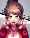  1girl :d artist_name asahina_aoi bangs blue_eyes breasts brown_hair cleavage collarbone commentary danganronpa:_trigger_happy_havoc danganronpa_(series) dark_skin dark_skinned_female datcravat grey_background hair_ornament hairclip hands_up highres jacket large_breasts long_sleeves looking_at_viewer open_mouth ponytail portrait red_jacket shirt short_hair smile solo upper_body upper_teeth white_shirt 