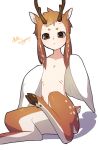  1girl :&lt; animal_ears animal_feet antlers brown_eyes brown_hair closed_mouth convenient_leg deer_antlers deer_ears deer_tail flat_chest harpy highres hooves horizontal_pupils looking_at_viewer meltyhip monster_girl original peryton pointy_ears short_eyebrows short_hair sidelocks signature simple_background sitting solo tail white_background white_wings wings 