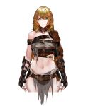  1girl absurdres armor bangs bare_shoulders belt breasts brown_belt brown_gloves chinese_commentary cleavage closed_mouth collar collarbone commentary_request facing_viewer fingerless_gloves gloves green_eyes hair_between_eyes highres large_breasts leather_armor leather_belt lips long_hair looking_at_viewer navel original rags shoulder_armor simple_background sleeveless solo stomach strap torn_clothes upper_body white_background xlnosearch_(xlxiaoluodiaofa) 