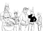  2021 anthro apron argyle_(pattern) avian barbecue bird bro_bun_(hladilnik) canid canine canis cervid clothing columbid cooking deer_prince equid equine food ghost_pupper&#039;s_boyfriend grill group hands_in_pockets hat headgear headwear hi_res hladilnik hoodie lagomorph leporid male mammal meat monochrome pidge_(hladilnik) pigeon pockets rabbit topwear wolf zebra zebra_dad_(hladilnik) 