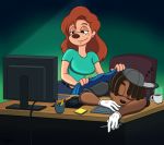  anthro bedding beverage blanket canid canine coffee computer desk disney dreadlocks duo female furniture goof_troop hair hi_res lucas_(character) male mammal mrbooblover red_hair roxanne_(goof_troop) sketchpad sleeping smile 