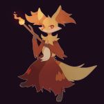  absurdres animal_ear_fluff animal_ears artist_name black_background burning delphox english_commentary fire fox_ears fox_tail furry gen_6_pokemon highres holding holding_stick looking_at_viewer multicolored_fur outline pokemon red_eyes simple_background smile solo standing stick tail verfyhi white_outline 