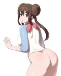  1girl ass bangs blue_eyes blush breasts brown_hair double_bun large_breasts long_hair long_sleeves looking_at_viewer open_mouth pokemon pokemon_(game) pokemon_bw2 raglan_sleeves rosa_(pokemon) simple_background sungpark twintails white_background 