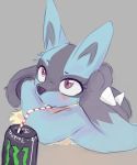  ambiguous_gender anthro blush canid canine conditional_dnp digital_media_(artwork) drinking drinking_straw ebnet eyebrows fur hi_res lucario mammal monster_energy nintendo pok&eacute;mon pok&eacute;mon_(species) raised_eyebrow red_eyes simple_background solo spikes video_games 