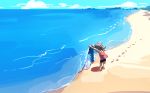  1girl beach blue_sky cloud day footprints lifting long_hair ocean original outdoors sand shore shorts sky tank_top ushi_(newrein) water 
