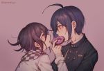  2boys ahoge arms_at_sides artist_name bangs black_hair black_jacket blush checkered checkered_neckwear checkered_scarf commentary_request danganronpa_(series) danganronpa_v3:_killing_harmony double-breasted doughnut ewa_(seraphhuiyu) eye_contact feeding food from_side grey_jacket hand_up highres holding holding_food jacket long_sleeves looking_at_another male_focus multicolored_hair multiple_boys open_mouth ouma_kokichi pink_background pink_eyes profile purple_eyes purple_hair saihara_shuuichi scarf shiny shiny_hair shirt short_hair simple_background striped_jacket twitter_username two-tone_hair upper_body upper_teeth yaoi yellow_eyes 