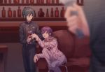  3boys :d ahoge amami_rantarou artist_name bangs black_hair black_jacket black_pants blurry brown_eyes can couch cup danganronpa_(series) danganronpa_v3:_killing_harmony double-breasted drinking_glass ewa_(seraphhuiyu) fanta feet_out_of_frame grey_jacket grey_pants hair_between_eyes hand_on_another&#039;s_shoulder hand_up highres holding holding_can holding_cup indoors jacket long_sleeves looking_at_another male_focus multiple_boys open_mouth ouma_kokichi out_of_frame pants purple_eyes purple_hair saihara_shuuichi shirt short_hair sitting smile straitjacket striped striped_shirt wine_glass 