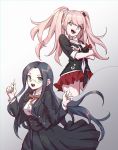  2girls :d absurdres arms_under_breasts bear_hair_ornament black_bra black_jacket black_skirt blue_eyes bra breasts cleavage commentary_request cropped_legs crossed_arms danganronpa:_trigger_happy_havoc danganronpa_(series) danganronpa_v3:_killing_harmony dress_shirt enoshima_junko ewa_(seraphhuiyu) glasses gradient gradient_background grey_background hair_ornament highres jacket long_hair long_skirt long_sleeves looking_at_viewer medium_breasts miniskirt multiple_girls neck_ribbon necktie open_mouth pleated_skirt red_skirt ribbon school_uniform shirogane_tsumugi shirt skirt sleeves_rolled_up smile spoilers twintails underwear upper_teeth 