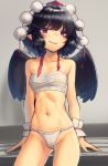  1girl bare_arms bare_shoulders bird_wings black_hair black_wings boa_(brianoa) collarbone cowboy_shot fundoshi grey_background hat highres japanese_clothes looking_at_viewer navel pom_pom_(clothes) red_eyes red_headwear shameimaru_aya short_hair smile solo stomach tokin_hat touhou wings wrist_cuffs 