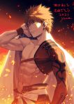  1boy dated embers emiya_shirou fate/grand_order fate_(series) fire from_side highres igote kazuki_yone limited/zero_over looking_at_viewer male_focus muscular orange_hair sengo_muramasa_(fate) signature smile solo upper_body wristband yellow_eyes 