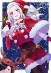  1boy 1girl absurdres animal_costume bell blush boots capelet christmas christmas_ornaments dress edelgard_von_hresvelg fire_emblem fire_emblem:_three_houses fur-trimmed_dress fur-trimmed_headwear fur_trim gift gloves hat highres hubert_von_vestra ichino_tomizuki jewelry long_hair looking_at_viewer pantyhose red_capelet red_dress red_gloves red_headwear reindeer_costume sack santa_boots santa_costume santa_hat smile solo_focus yellow_eyes 