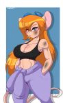  anthro big_breasts bra breasts chip_&#039;n_dale_rescue_rangers cigarette clothing dirty disney eyewear female gadget_hackwrench goggles hair hands_in_pockets hi_res long_hair looking_at_viewer mammal mastergodai midriff mouse murid murine orange_hair pockets rodent scuff solo sports_bra sweater sweatpants topwear underwear 