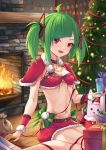  1girl ahoge alternate_costume breasts character_name christmas christmas_tree cleavage delutaya dincat fireplace fur_trim gift green_hair indie_virtual_youtuber looking_at_viewer miniskirt red_eyes sitting skirt small_breasts solo twintails virtual_youtuber wariza 