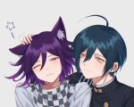  2boys :3 ;) ahoge alternate_hair_color animal_ear_fluff animal_ears artist_name bangs black_jacket blue_eyes blush brown_eyes cat_ears checkered checkered_scarf closed_mouth commentary_request danganronpa_(series) danganronpa_v3:_killing_harmony ewa_(seraphhuiyu) green_hair grey_background hand_on_another&#039;s_head hand_up jacket kemonomimi_mode looking_at_another looking_at_viewer male_focus multiple_boys one_eye_closed ouma_kokichi purple_eyes purple_hair saihara_shuuichi scarf shiny shiny_hair simple_background smile star_(symbol) striped_jacket upper_body white_jacket yaoi yellow_eyes 