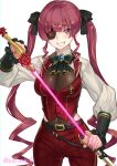  1girl artist_name ascot belt black_belt black_neckwear blush breasts brown_eyes cleavage energy_sword eyepatch flower highres holding holding_sword holding_weapon hololive houshou_marine medium_breasts ninnin_(shishitou) one_eye_covered pants pirate red_flower red_hair red_pants red_rose rose sheath smile solo sword twintails unsheathing virtual_youtuber weapon white_background 