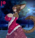  anthro big_breasts blue_eyes blush breasts cleavage clothed clothing dress female hi_res hyaenid lamp mammal mastergodai night park plant side_boob side_view solo sparkly_dress tree 