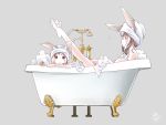  2girls animal_ears bangs bath bathing breasts bunny_ears commentary grey_background grey_hair highres large_breasts looking_at_viewer multiple_girls nude original profile red_eyes rubber_duck shared_bathing short_hair soap_bubbles towel towel_on_head yuzuki_kei 