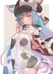  1girl animal_ears animal_print blush breasts cleavage cow_ears cow_hat cow_print cow_tail cowboy_shot detached_sleeves eip_(pepai) eyebrows_visible_through_hair from_side gradient_hair granblue_fantasy grin hand_on_own_chest highres holding holding_hair hood large_breasts light_blue_hair long_hair looking_at_viewer midriff multicolored_hair navel orange_eyes purple_background purple_hair see-through shatola_(granblue_fantasy) short_shorts shorts simple_background smile solo tail thighs two-tone_hair white_background white_shorts wide_sleeves 