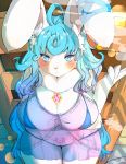  2020 absurd_res ahoge babydoll big_breasts big_ears blue_eyes blue_hair blush breast_rest breasts cigarette clothed clothing eyelashes eyeshadow floppy_ears fur gem hair hi_res holding_cigarette inner_ear_fluff jewelry kemono lagomorph leporid lingerie long_hair looking_at_viewer looking_up makeup mammal neck_tuft necklace nightgown pink_tattoo portrait rabbit shikibetsuko skimpy slightly_chubby smoke smoking standing tattoo three-quarter_portrait translucent translucent_clothing tuft underwear white_body white_fur womb_tattoo 