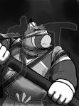  2021 anthro belly canid canine clothed clothing hi_res humanoid_hands kemono live-a-hero male mammal monochrome overweight overweight_anthro overweight_male raccoon_dog shoen solo tanuki video_games yuuh1212 