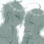  2boys ahoge amami_rantarou blush bracelet collarbone commentary_request danganronpa_(series) danganronpa_v3:_killing_harmony double-breasted earrings ewa_(seraphhuiyu) eye_contact eyebrows_visible_through_hair face-to-face grey_background hair_between_eyes hand_on_another&#039;s_face hand_up highres jacket jewelry long_sleeves looking_at_another male_focus monochrome multiple_boys necklace profile saihara_shuuichi shiny shiny_hair shirt short_hair smile sweatdrop upper_body yaoi 