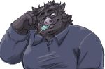 2021 anthro black_body black_fur clothing exe_exem eyewear food fur glasses humanoid_hands kemono male mammal overweight overweight_anthro overweight_male popsicle shirt simple_background solo suid suina sus_(pig) tongue tongue_out topwear white_background wild_boar 