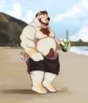  2021 anthro beach belly black_nose blush clothing flufflecraft fur genitals hi_res humanoid_hands male mammal moobs nipples outside overweight overweight_anthro overweight_male penis seaside solo swimwear ursid white_body white_fur 