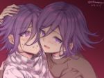  2boys :d artist_name bangs blush checkered checkered_scarf commentary_request danganronpa_(series) danganronpa_v3:_killing_harmony dual_persona ewa_(seraphhuiyu) eyebrows_visible_through_hair face gradient gradient_background hair_between_eyes long_sleeves looking_at_another looking_at_viewer male_focus multiple_boys official_alternate_costume open_mouth ouma_kokichi purple_eyes purple_hair red_background saihara_shuuichi scarf short_hair smile sweater teeth turtleneck turtleneck_sweater upper_body yaoi 