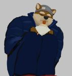  2021 absurd_res anthro bottomwear brown_body brown_fur canid canine canis clothing domestic_dog eyes_closed fur hat headgear headwear hi_res kemono kumamikan male mammal pants simple_background solo sweater tongue tongue_out topwear 