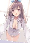 1girl bangs blush breasts brown_hair cleavage collarbone collared_shirt commentary_request cowboy_shot eyebrows_visible_through_hair grey_shirt hatsu_(first_snow) highres idolmaster idolmaster_shiny_colors large_breasts leaning_forward long_hair long_sleeves looking_at_viewer naked_shirt no_bra no_pants outstretched_arms partially_unbuttoned ponytail red_eyes shirt solo tsukioka_kogane 