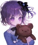  1girl black_bow blue_shirt bow crossed_arms hair_bow holding holding_stuffed_toy looking_at_viewer medea_solon micha purple_eyes purple_hair shirt short_hair solo stuffed_animal stuffed_toy teddy_bear upper_body younger your_throne 