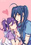  2girls :o ahoge artist_name bangs black_hair blue_hair blush bow brown_eyes commentary_request danganronpa_(series) danganronpa_v3:_killing_harmony ewa_(seraphhuiyu) from_side genderswap genderswap_(mtf) hair_between_eyes hair_bow hand_up heart highres long_hair looking_at_viewer multiple_girls one_eye_closed open_mouth ouma_kokichi pink_background pink_eyes pouty_lips purple_eyes purple_hair saihara_shuuichi short_sleeves smile twintails 