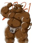  2021 anthro asian_clothing belly bovid bovine bulge cattle clothing east_asian_clothing fundoshi humanoid_hands japanese_clothing kemono kimagure_monja male mammal moobs musclegut navel nipples overweight overweight_anthro overweight_male simple_background solo underwear white_background 