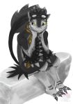  ambiguous_gender anthro avali avali_(original) avian bird claws digital_media_(artwork) eyewear feathers goggles greyscale hi_res hybrid monochrome rock scalie scarf sitting smile solo vandclash 