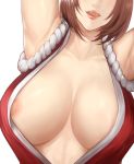  1girl absurdres areola_slip areolae armpits arms_up breasts brown_hair cleavage commentary dress fatal_fury head_out_of_frame highres large_breasts licking_lips ninja nipple_slip nipples no_bra nyatokanyaru parted_lips red_dress revealing_clothes revision rope shiranui_mai simple_background solo the_king_of_fighters tongue tongue_out white_background 