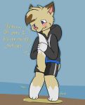  2018 anthro blue_eyes blush bodily_fluids bottomwear clothed clothing domestic_cat english_text felid feline felis front_view fully_clothed fur genital_fluids hi_res holding_tail hoodie male mammal multicolored_body multicolored_fur onomatopoeia peeing ritz_(ritzcat) ritzcat shorts solo sound_effects standing tail_between_legs text thought_bubble topwear two_tone_body two_tone_fur urine urine_puddle watersports wetting white_body white_fur yellow_body yellow_fur 
