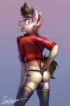  2021 2:3 absurd_res anthro biped blue_eyes blush brown_hair brown_tail bulge butt clothing cutie_mark ear_piercing ear_ring english_text equid equine fan_character fur gradient_background hair hasbro hi_res horse jacket jedayskayvoker legwear looking_at_viewer looking_back male mammal my_little_pony open_mouth paladin_(focait) panties piercing pony rear_view signature simple_background solo surprise tan_body tan_fur text thigh_highs topwear underwear 