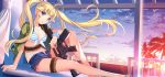  1girl ammunition ammunition_belt bangs bikini blonde_hair blue_eyes day denim denim_shorts eyebrows_visible_through_hair floating_hair front-tie_top grisaia_(series) grisaia_chronos_rebellion gun holding holding_gun holding_weapon jacket jacket_on_shoulders long_hair matsushima_michiru official_art rifle sandals scrunchie short_shorts shorts sitting solo striped striped_bikini swimsuit twintails unbuttoned_shorts watanabe_akio weapon wrist_scrunchie 