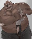 2021 anthro armpit_fetish armpit_hair armpit_sniffing belly black_nose body_hair bottomwear brown_body brown_fur canid canine clothing duo fur hi_res humanoid_hands iwbsb_kuma kemono male mammal musk navel overweight overweight_male pants shirt sniffing topwear ursid 