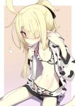  1girl ahoge airi_(ogami_kazuki) animal_print bikini blonde_hair blush commentary_request cow_print flat_chest glasses hair_over_one_eye highres hood hoodie loose_bikini navel ogami_kazuki open_clothes open_hoodie original outside_border partially_visible_vulva pointy_ears ponytail red_eyes ribs rimless_eyewear side-tie_bikini skinny solo swimsuit 