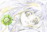  1girl animation_paper clenched_hand close-up clover clover_earrings color_trace colored_pencil_(medium) commentary cure_rosetta dokidoki!_precure eyebrows_visible_through_hair foreshortening four-leaf_clover frown hair_ornament heart heart_hair_ornament highres incoming_attack incoming_punch itaoka1 key_frame lips looking_at_viewer magical_girl partially_colored portrait precure production_art punching solo traditional_media twintails yotsuba_alice 