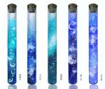  blue_theme cloud commentary_request cork crescent highres jpeg_artifacts no_humans original reflection simple_background star_(sky) still_life test_tube translation_request white_background yasuta_kaii32i 