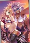  2girls :d animal_ears armpits black_legwear blonde_hair blue_eyes boots breasts caenis_(fate) cleavage dark_skin dark_skinned_female fate/apocrypha fate/grand_order fate_(series) green_eyes ground_vehicle highres hisahiko jewelry long_hair looking_at_viewer midriff mordred_(fate) mordred_(fate)_(all) motor_vehicle motorcycle multiple_girls navel necklace open_mouth shorts silver_hair single_thighhigh sitting smile spread_legs thighhighs 