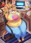  anthro beverage big_breasts bovid bovine breasts cattle chair clothing cloven_hooves computer computer_monitor eyewear female furniture game_boy game_boy_family glasses hi_res hooves mammal nerd nintendo office_chair overweight overweight_anthro overweight_female phone poster solo spottedtigress tail_tuft thick_thighs tuft video_games wide_hips 