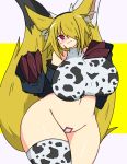  2_tails animal_humanoid animal_print armwear asian_clothing bare_shoulders big_breasts big_ears biped blonde_hair blush breasts canid canid_humanoid canine canine_humanoid claw_(weapon) clothed clothing cow_costume cow_print crop_top curvy_figure detached_sleeves dipstick_tail east_asian_clothing fake_horns female flustered fox_humanoid front_view fur glistening glistening_body glistening_skin hair hair_over_eye huge_breasts humanoid inner_ear_fluff japanese_clothing legwear light_body light_skin looking_at_viewer maebari mammal mammal_humanoid melee_weapon mido_(artist) midriff monotone_hair multi_tail multicolored_tail navel one_eye_obstructed pink_inner_ear red_eyes shirt simple_background skimpy sleeveless_shirt solo standing thick_thighs thigh_highs topwear tuft voluptuous weapon white_inner_ear_fluff wide_hips yellow_body yellow_fur 