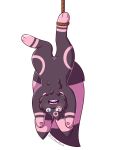  anthro blue_eyes blush bodily bodily_fluids eeveelution female fluffy fluffy_tail genital_fluids genitals hi_res jitterpaws nintendo nude open_mouth pok&eacute;mon pok&eacute;mon_(species) pussy pussy_juice rope simple_background solo trapped umbreon upside_down video_games 